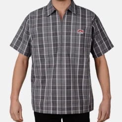 Clearance Ben Davis Short Sleeve Plaid 1/2 Zip Shirt - Grey/Black