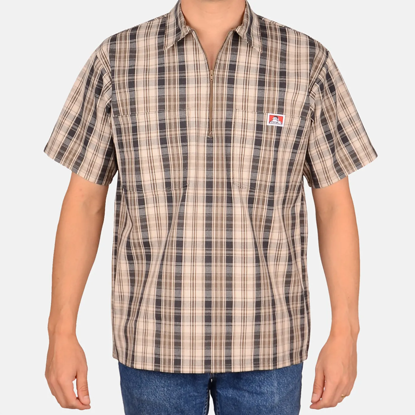 Outlet Ben Davis Short Sleeve Plaid 1/2 Zip Shirt - Khaki/Grey