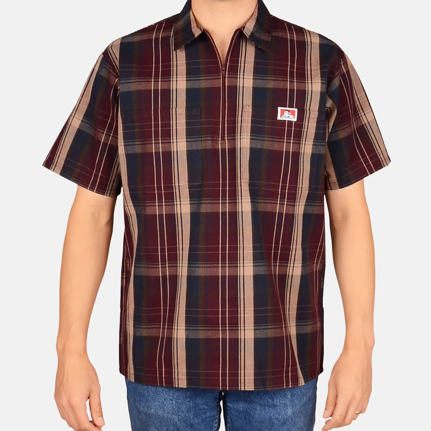 Discount Ben Davis Short Sleeve Plaid 1/2 Zip Shirt - Burgundy